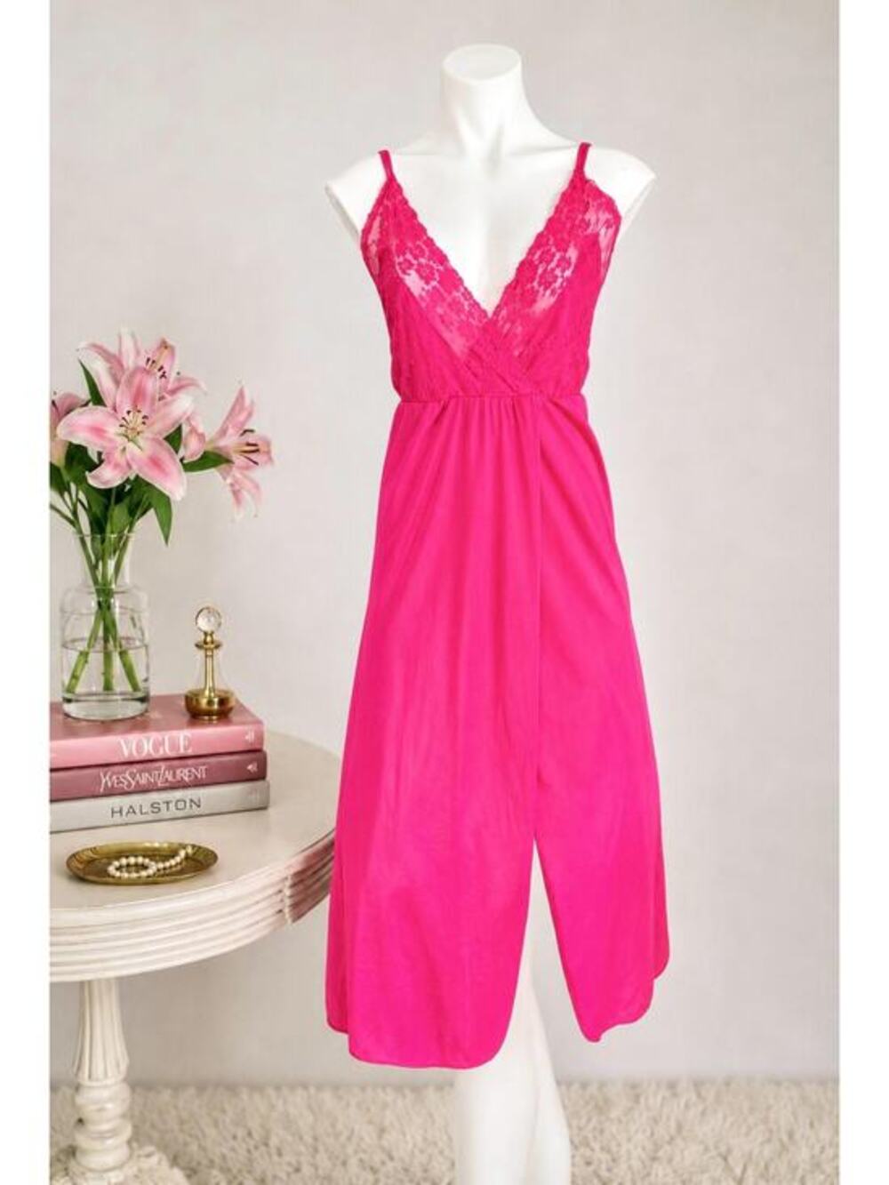 Diane Von Furstenberg 1970s Vintage Hot Pink Fuchsia Nylon Nightgown DVF BE-7